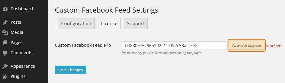 Activating your Custom Facebook Feed license into the WordPress plugin