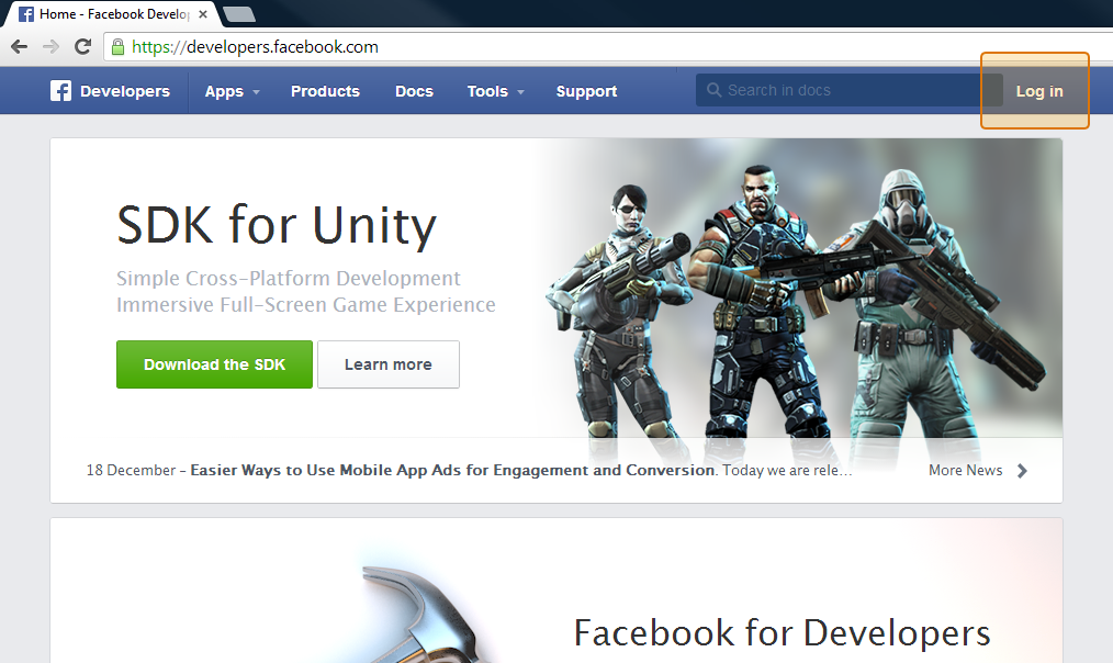 Screenshot of Facebook developers website with the Login button highlighted