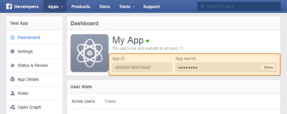 Copy and paste your Facebook App ID and App Secret