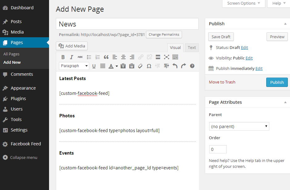 Using multiple shortcodes to display multiple Custom Facebook Feeds