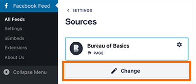 Sources page with the change button highlighted