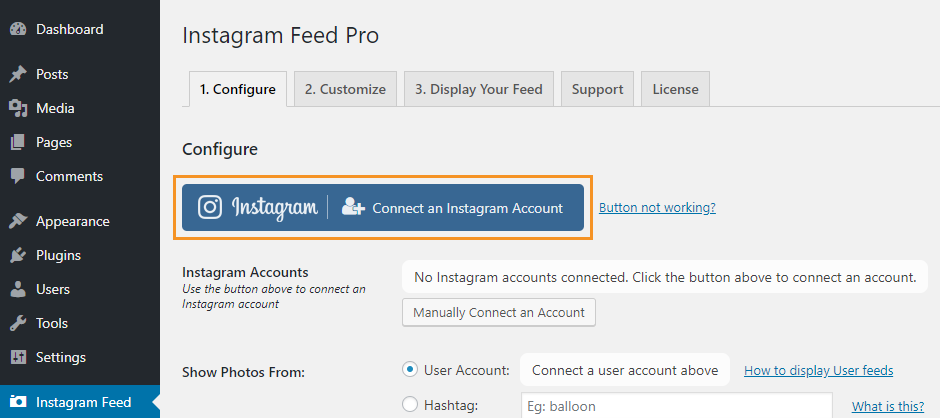 connect instagram account - instagram feed wordpress plugin