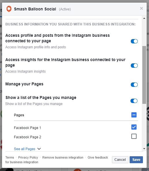 Manage Facebook Pages in app settings