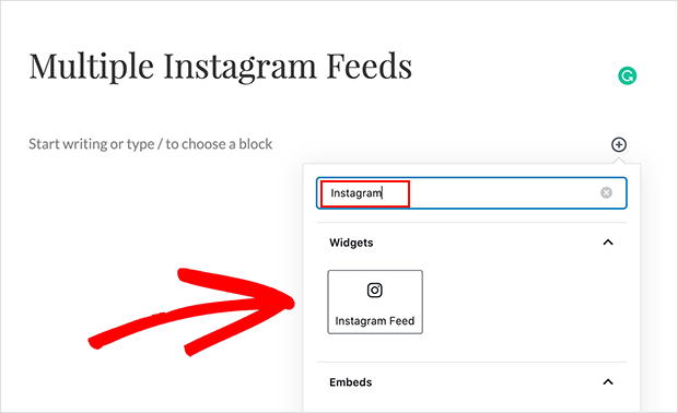 Search for Instagram Feed block