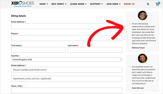 testimonials on website checkout page