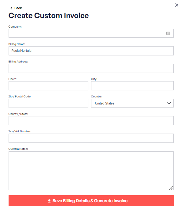 Shows the fields a customer can edit for completing a customized invoice.