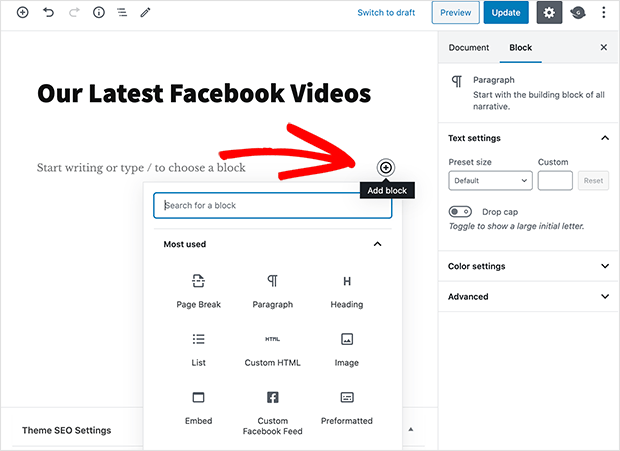 embed facebook video wordpress block