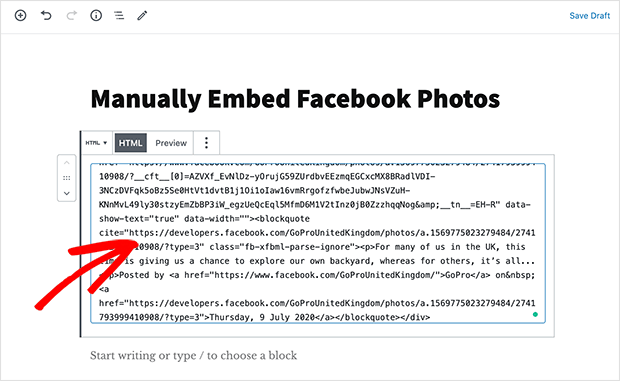 paste the facebook post embed code into the HTML block