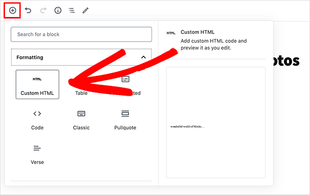 choose the custom HTML WordPress block