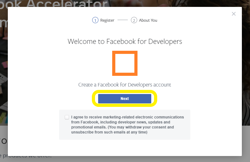 Click Next in the Welcome to Facebook for Developers popup