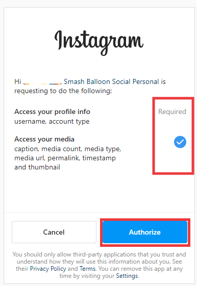 Instagram popup, ensure permissions are checked then select Authorize.