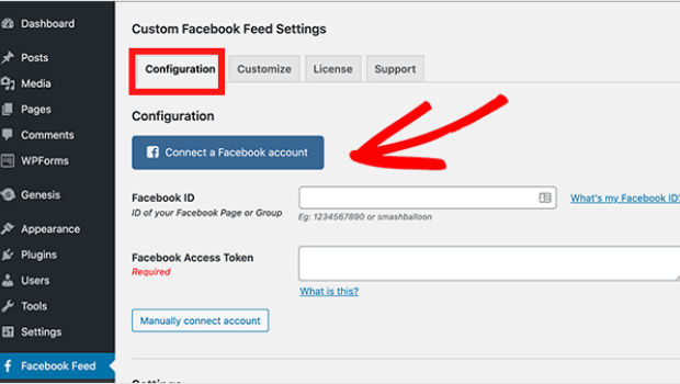 depois, clique no botão Blue Connect uma conta do Facebook para se inscrever no Facebook e ligar a sua conta do Facebook.Neste tutorial, adicionaremos um widget no Facebook para mostrar a sua página no Facebook no seu site. Como mencionado, o plugin permite que você mostre a sua fonte do Facebook do seu grupo ou da sua página, para que você tenha mais opções.</p><p> <img src=