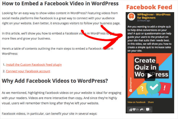 facebook posts to wordpress sidebar example