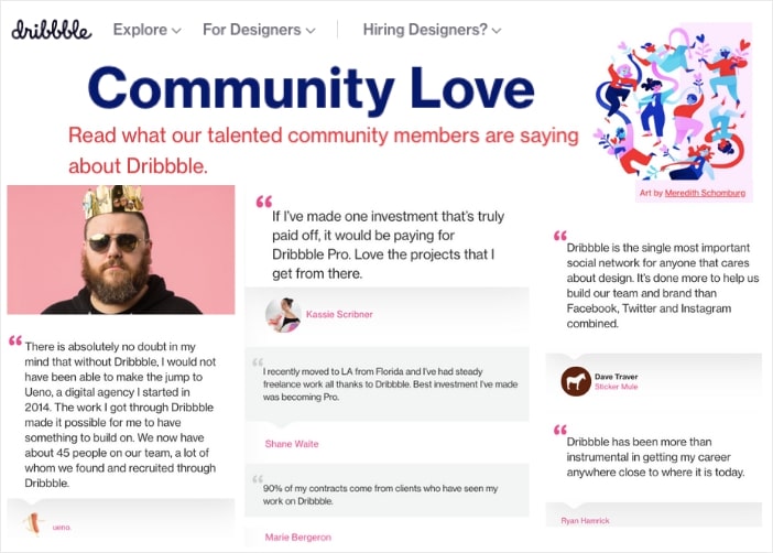 dribbble testimonial page example