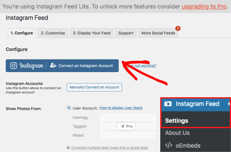 connect account to embed instagram feed free