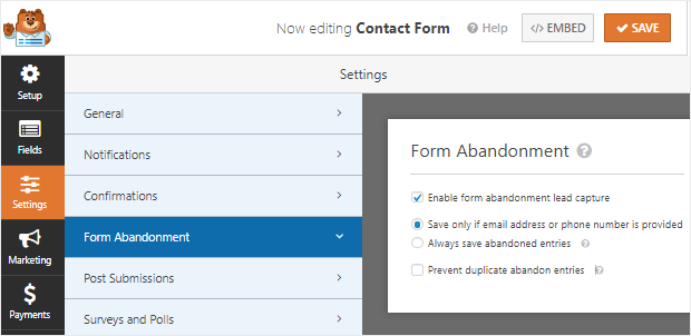 wpforms review form abandonment