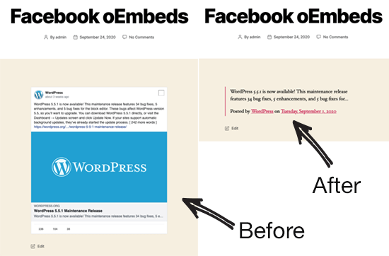 before after facebook oembeds wordpress