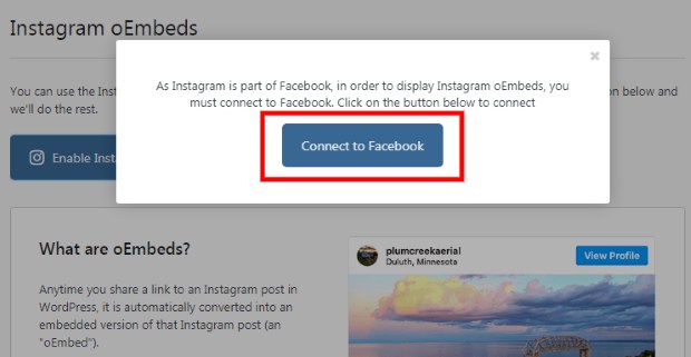 connect to facebook: Instagram Feed to WordPress