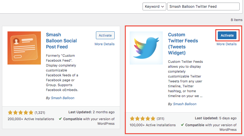 activate smash balloon custom twitter feeds free