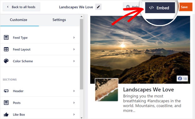 click on the embed button in facebook editor