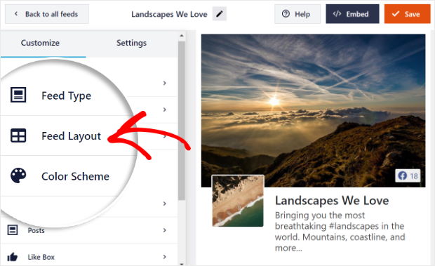 select feed layout option for facebook feed