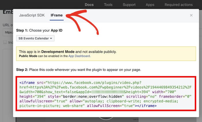 copy the iframe for your facebook video