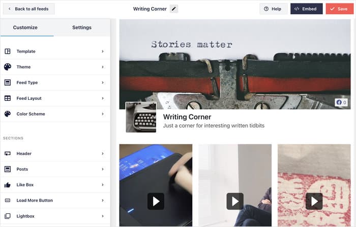 facebook video feed in live customizer