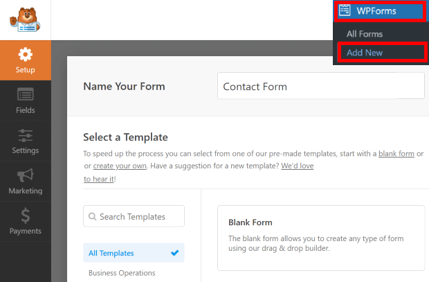 add new form wpforms