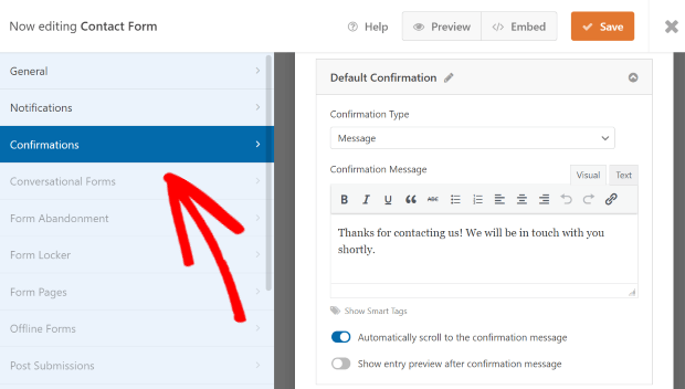 confirmation email settings create contact form for wordpress