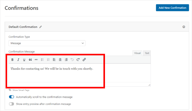 confirmation message wpforms