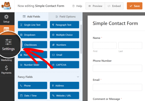 go to contact form settings
