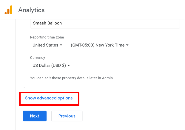 google analytics show advanced options