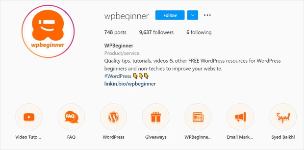 wpbeginner instagram profile example