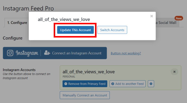 update instagram account button