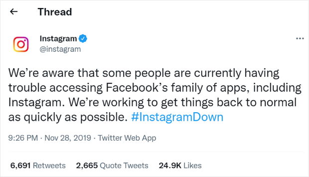 Instagram outage tweet