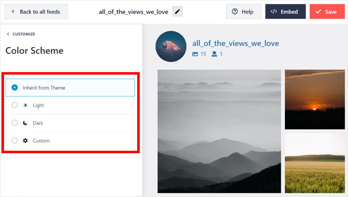 color scheme options instagram feed pro