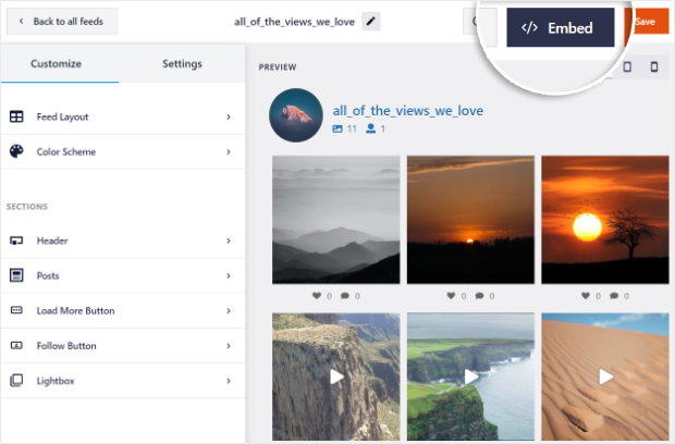 embed button instagram feed pro