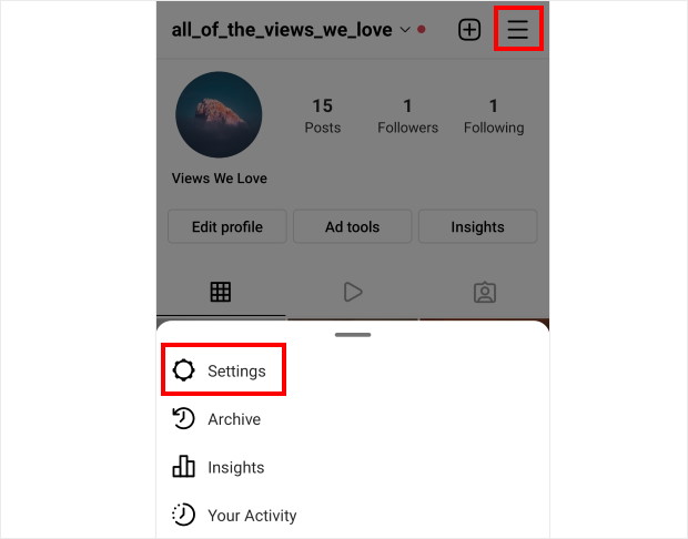 open settings page instagram