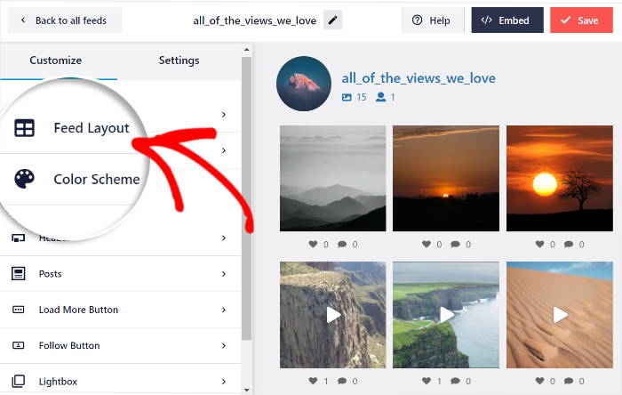 select feed layout options live feed editor instagram