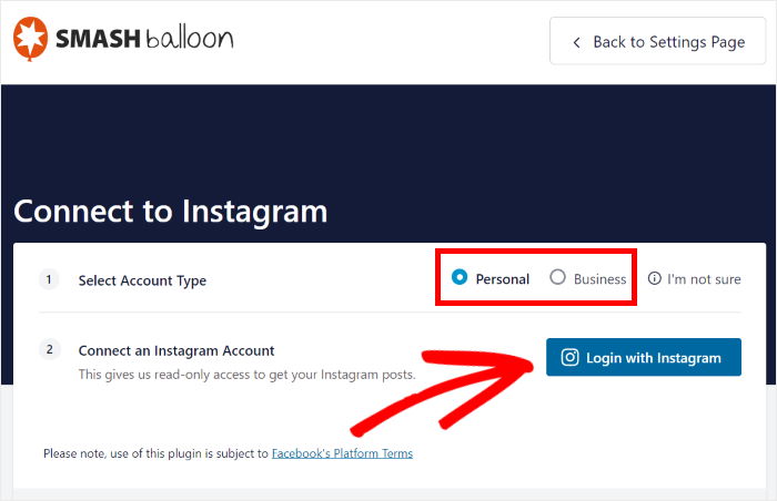 select instagram account type popup