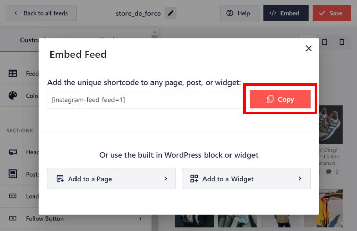 copy shortcode instagram feed