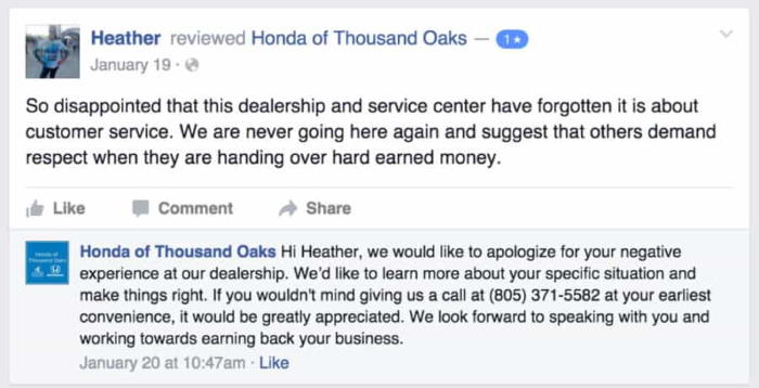 example of facebook review response