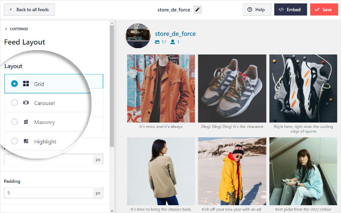 feed layout options add instagram feed to elementor