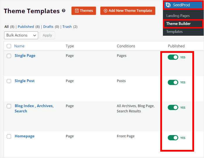 toggle publish for your wordpress theme template