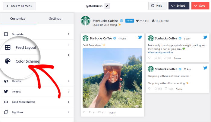 color scheme option twitter feed pro