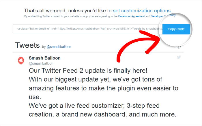 copy code to embed twitter feed