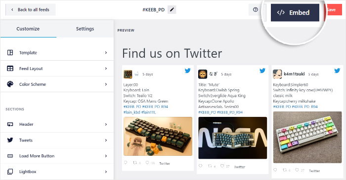 live feed editor embed button twitter