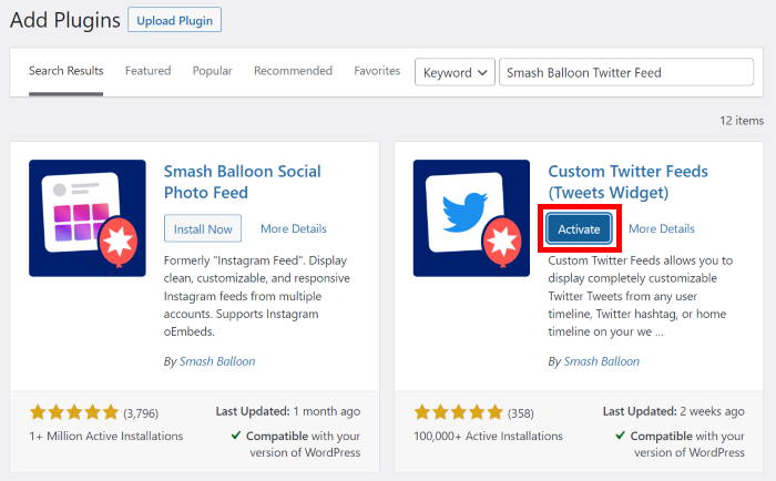 activate button twitter feed plugin