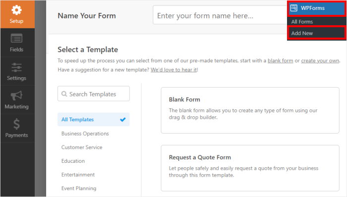 add new contact form wpforms