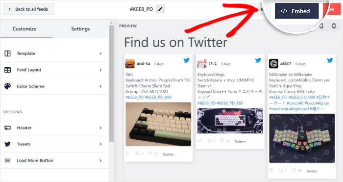 click on embed live feed editor twitter